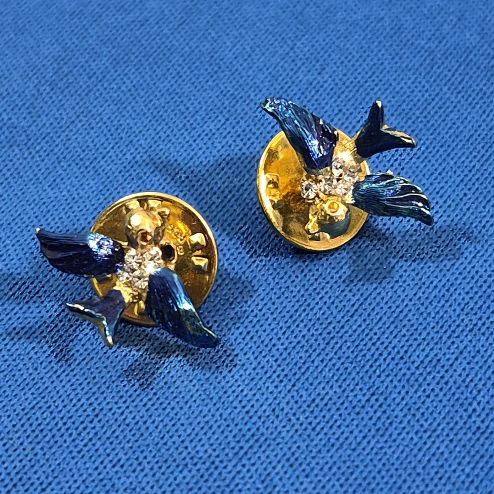Ballou Reg'd Tac Lapel Vintage Pair Bluebird Pins Blue‎ Enamel Rhinestone Signed